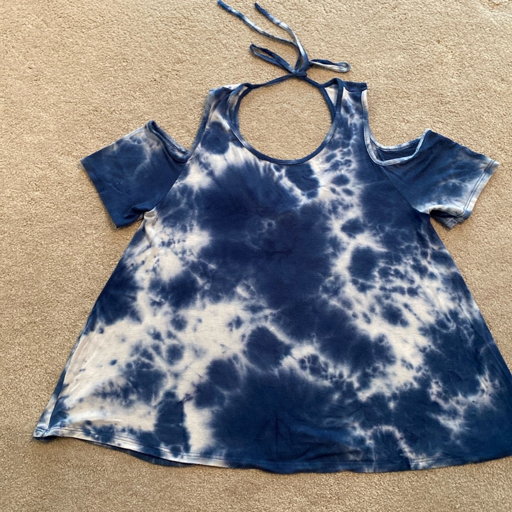 Caution to the wind blue tie dye cold shoulder top with open back & tie at neck.